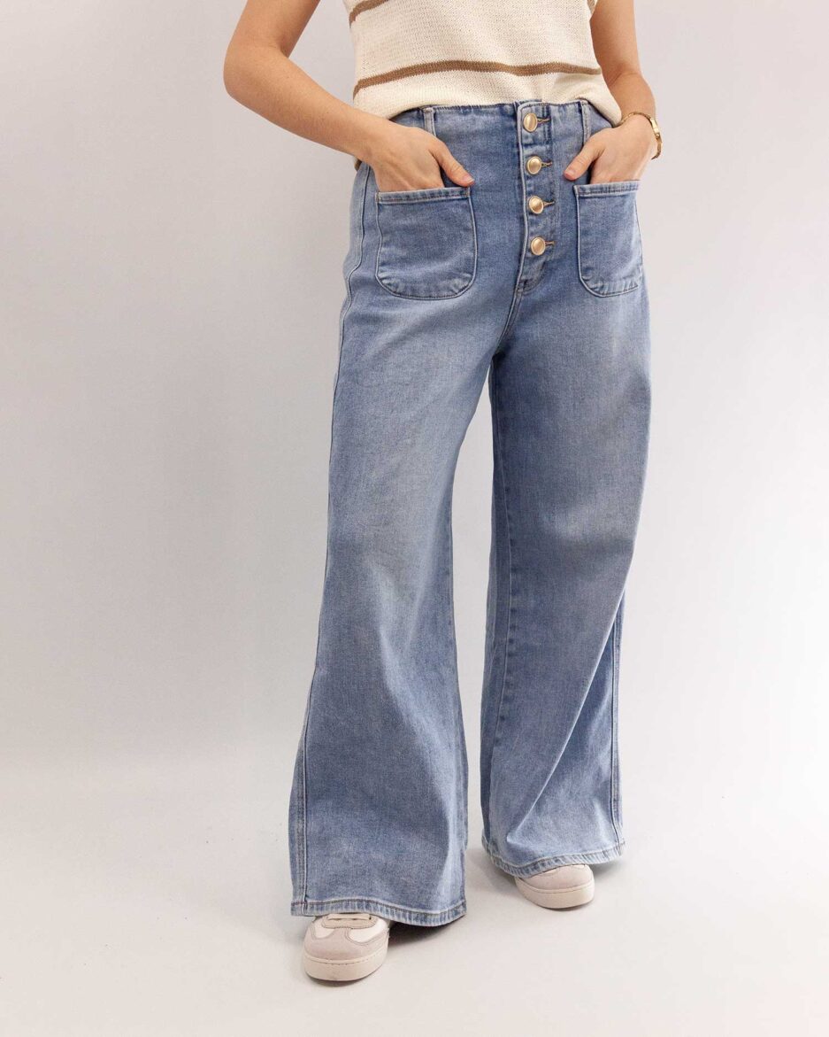 Pantalón flare vaquero azul mujer botones dorados Ouka