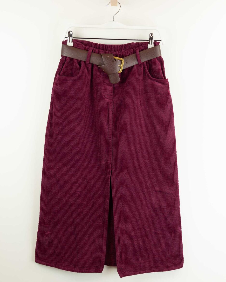 Falda midi de mujer de pana color burdeos, cinturon